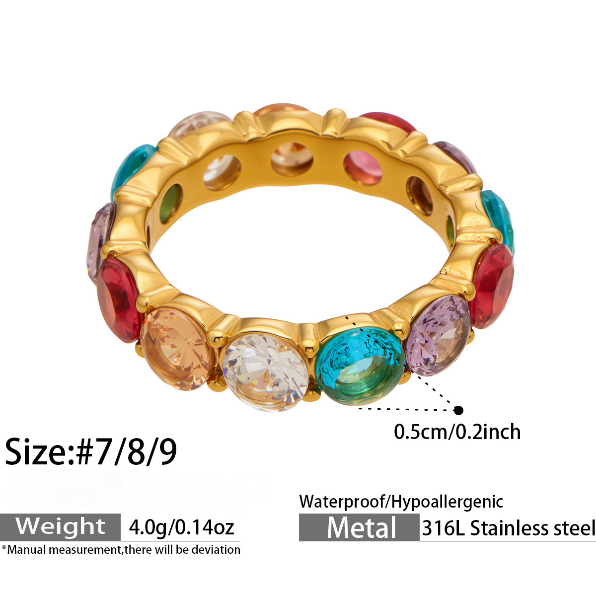 Stainless Steel 5A Rainbow Cubic Zirconia Ring