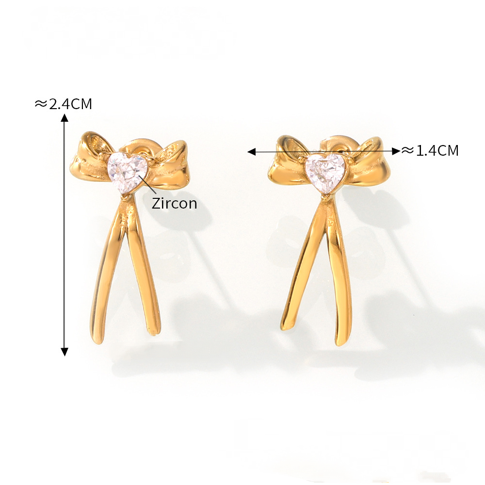 Stainless Steel Bow Inlay Heart CZ Stud Earrings