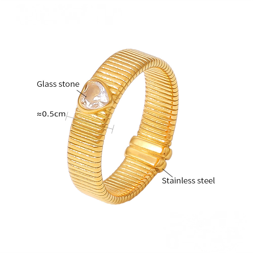 Stainless Steel Heart Shape Glass Stone Texture Ring