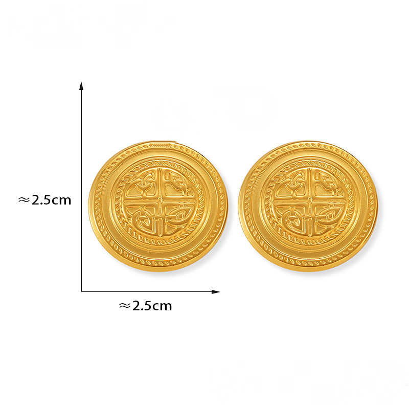 18K Gold PVD Design Textured Round Stainless Steel Stud Earrings