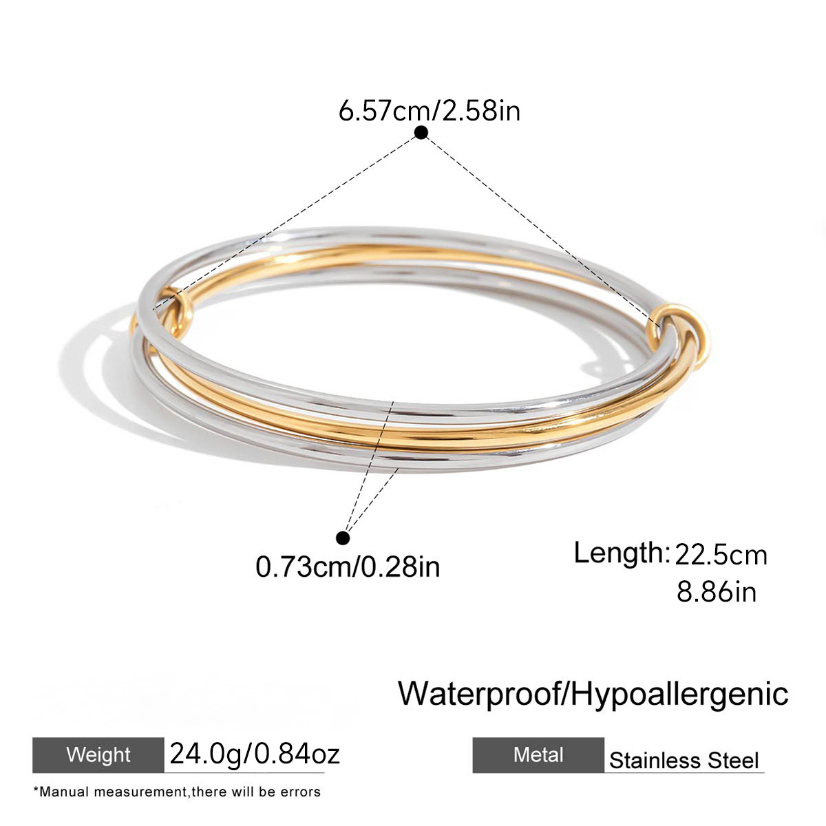 Stainless Steel Multi-layer Gold and Steel Two-Tone CZ Bangle