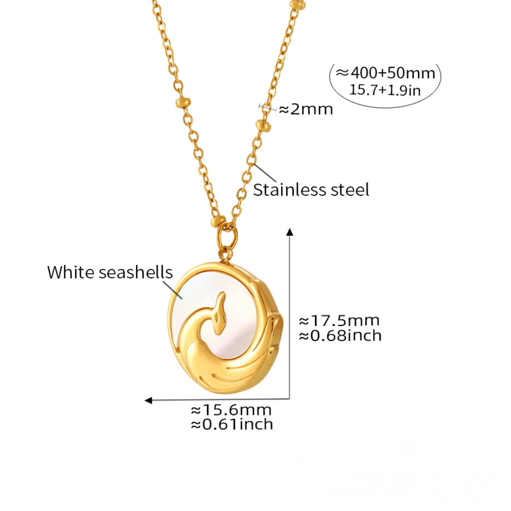 Stainless Steel Embossed Phoenix Pendant Inaly White Sea Shell Necklace