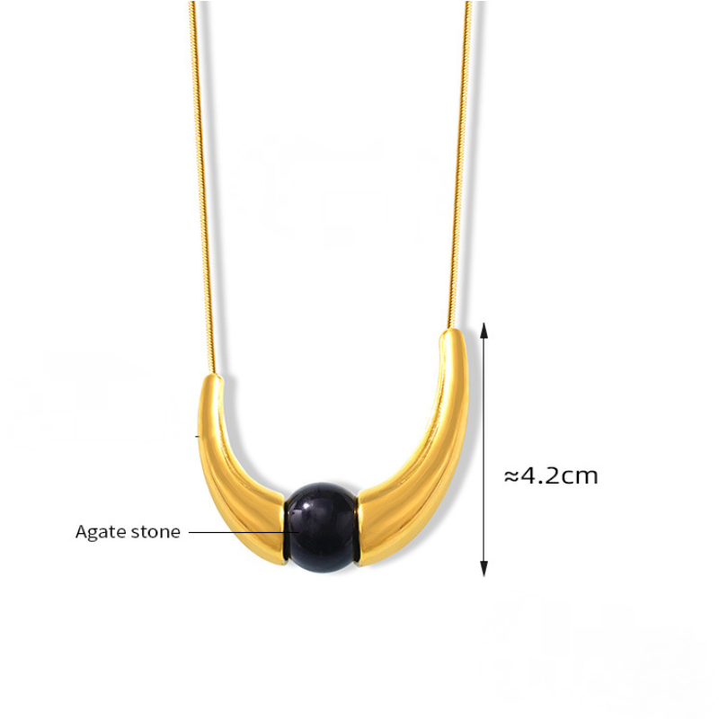 Stainless Steel Snake Chain Agate Crescent Pendant Necklace