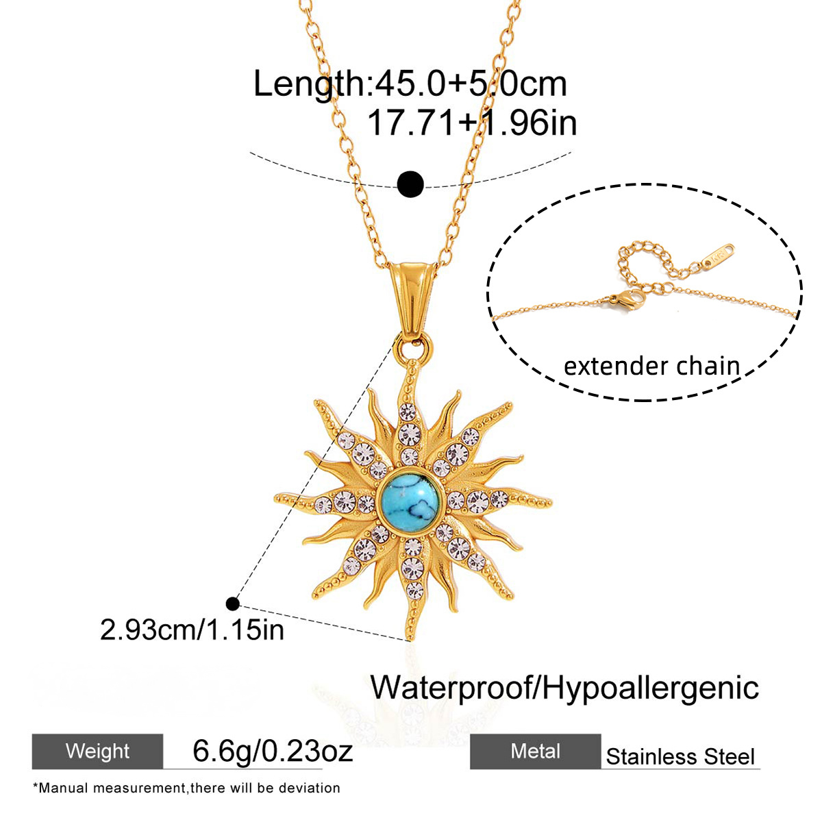 Stainless Steel Blue Turquoise Sun Rhinestone Pendant Necklace