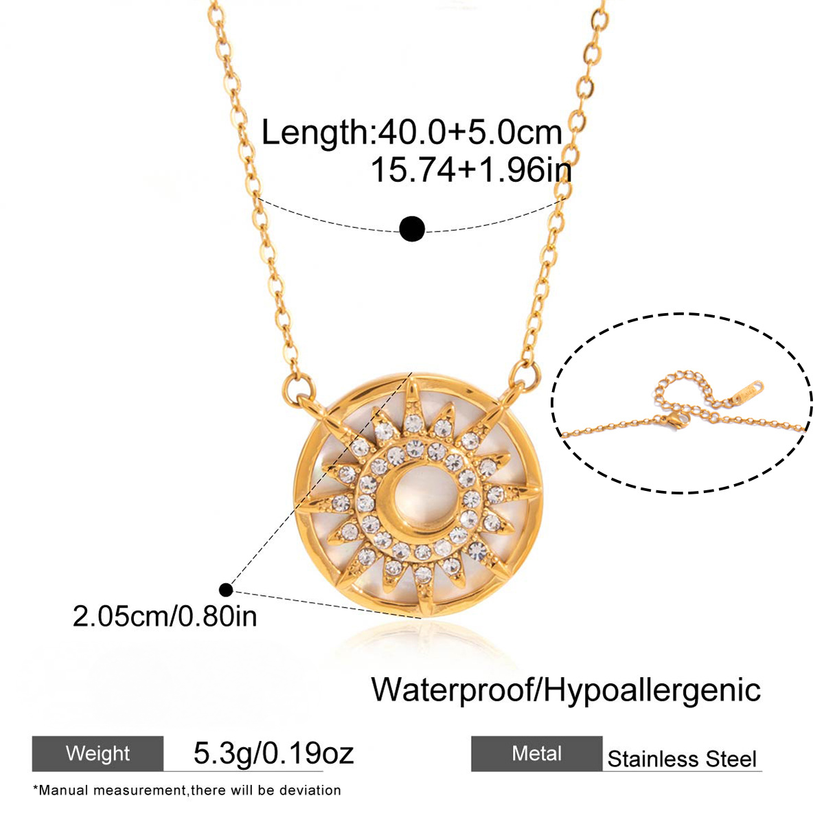 Stainless Steel Rhinestone Abalone Shell Sun Pendant Necklace