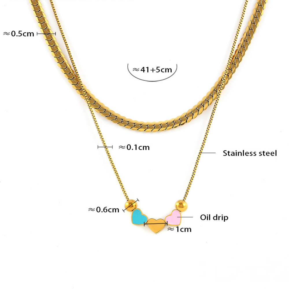 Stainless Steel Oil Drop Heart Double Layer Necklace Bracelet Jewelry Suit