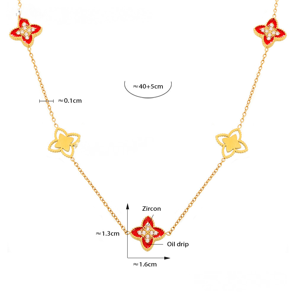Red Oil Drop Four-leaf Flower Bracelet Necklace Jewelry Suit
