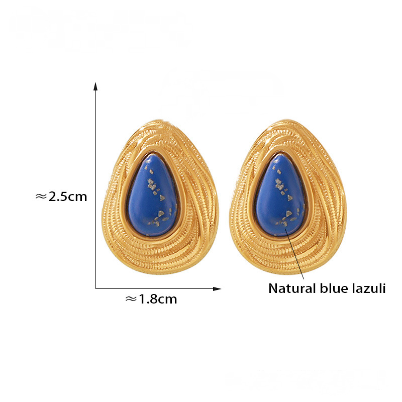 Stainless Steel Vintage Natural Blue Lazuli Stone Stud Earrings