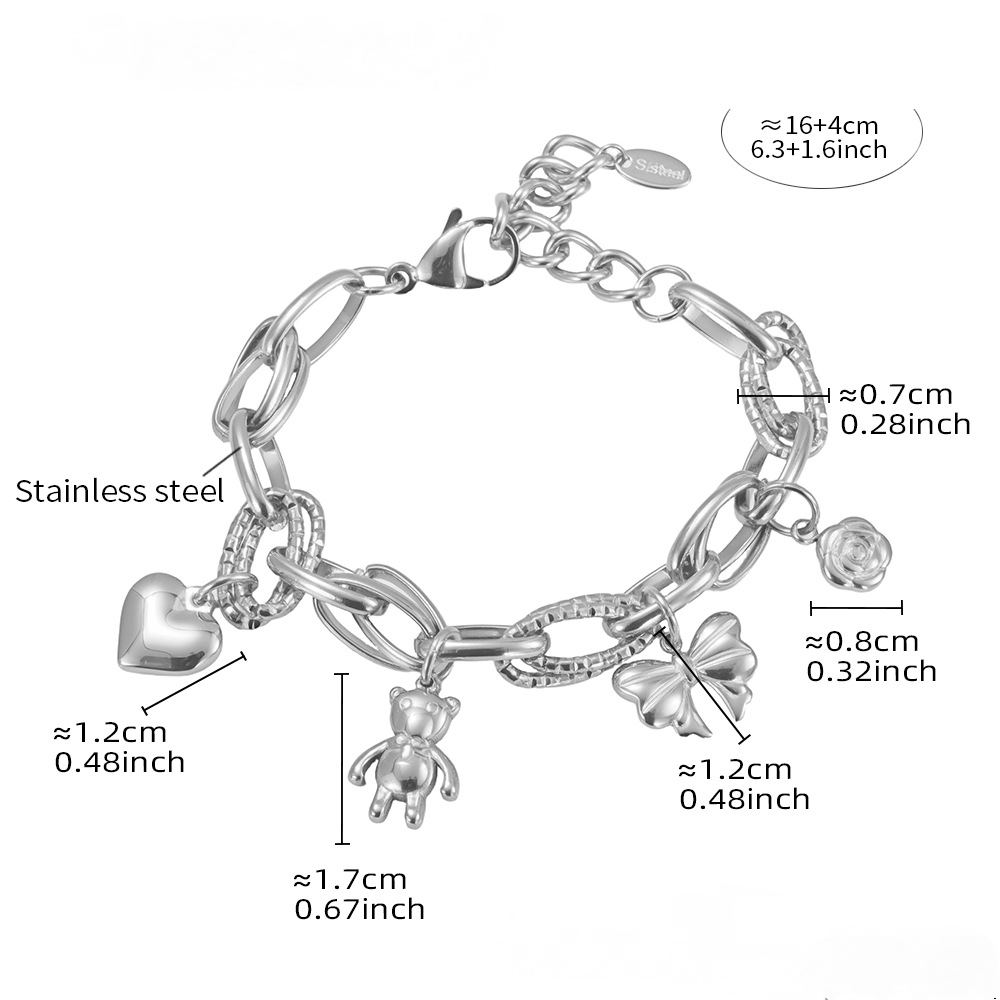 Stainless Steel Bear Heart Bow Charm Bracelet