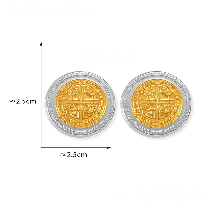 18K Gold PVD Design Textured Round Stainless Steel Stud Earrings
