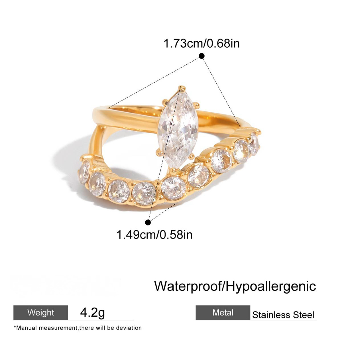 Stainless Steel White Cubic Zirconia Adjustable Open Ring