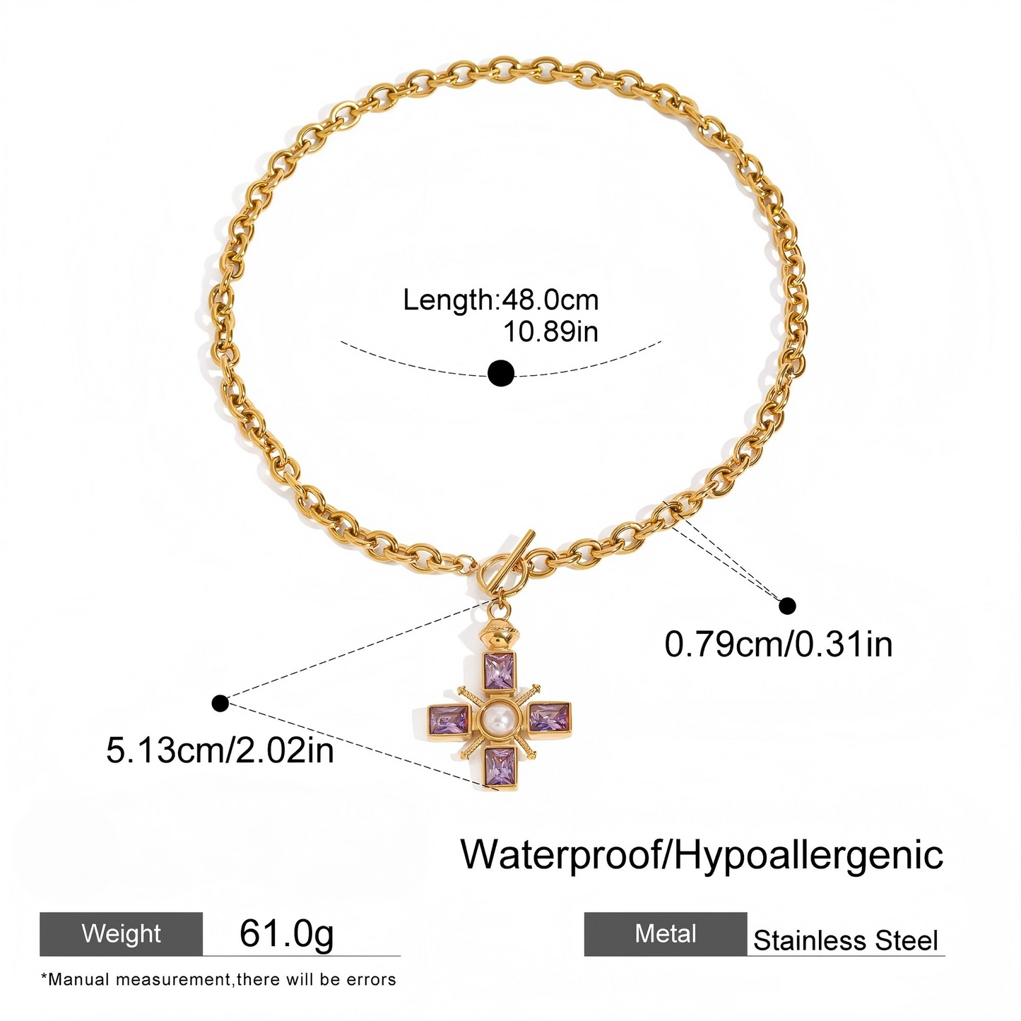 Stainless Steel Purple Cubic Zirconia Pearl Cross Pendant Necklace