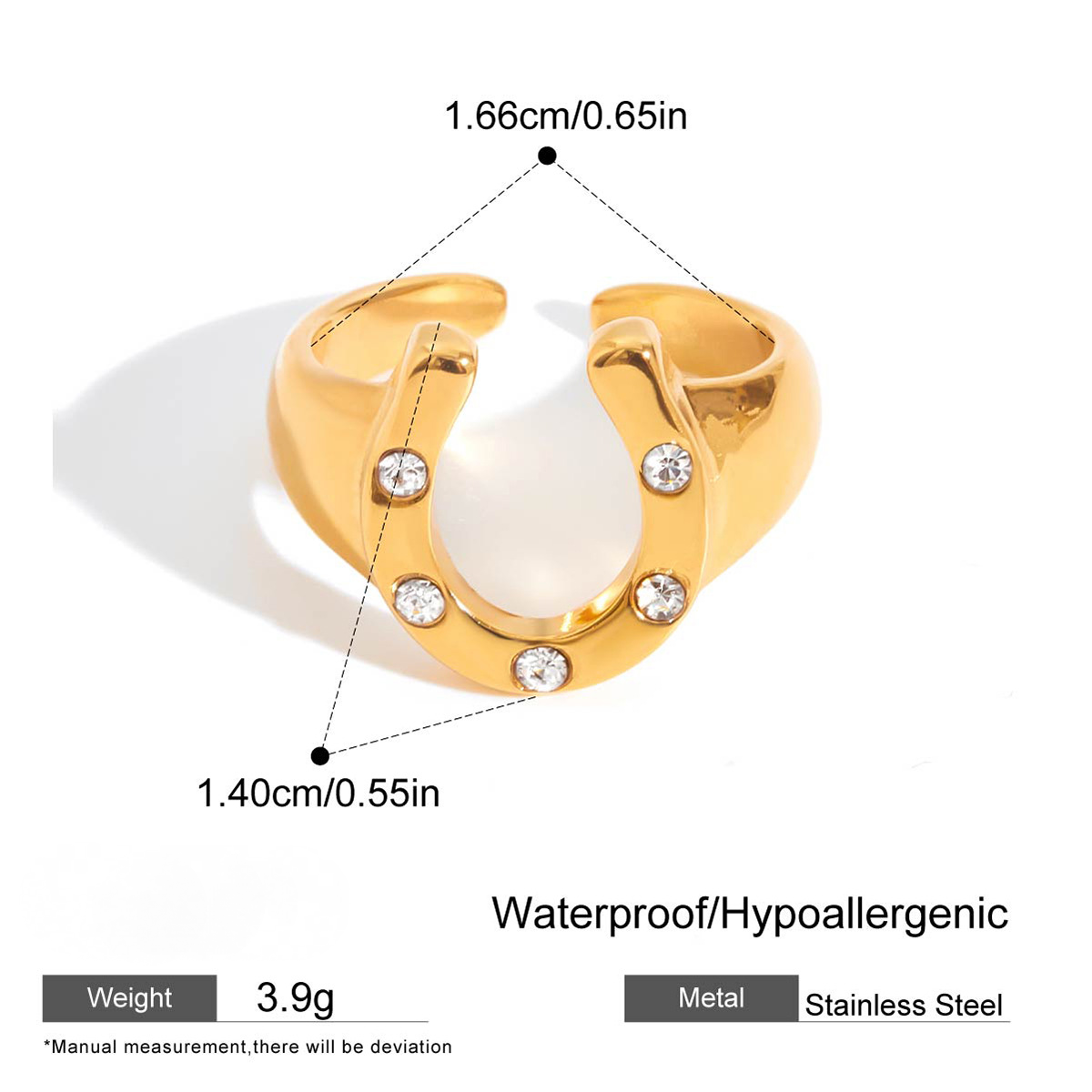 Stainless Steel 18K Gold PVD White Rhinestone Horseshoe-shaped Ring