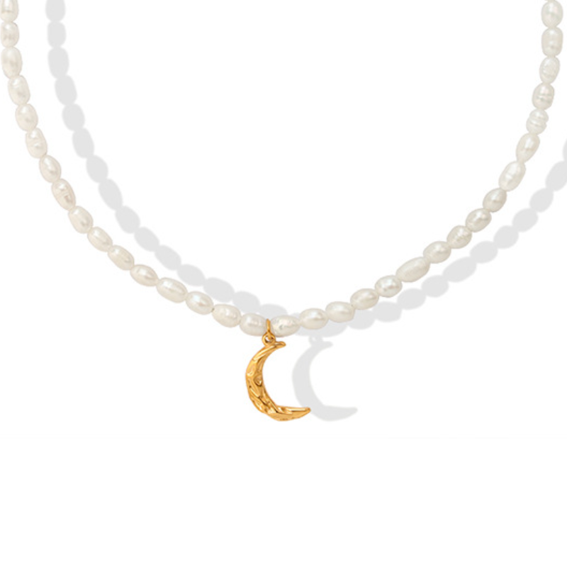Stainless Steel Moon Pendant Freshwater Pearl Necklace