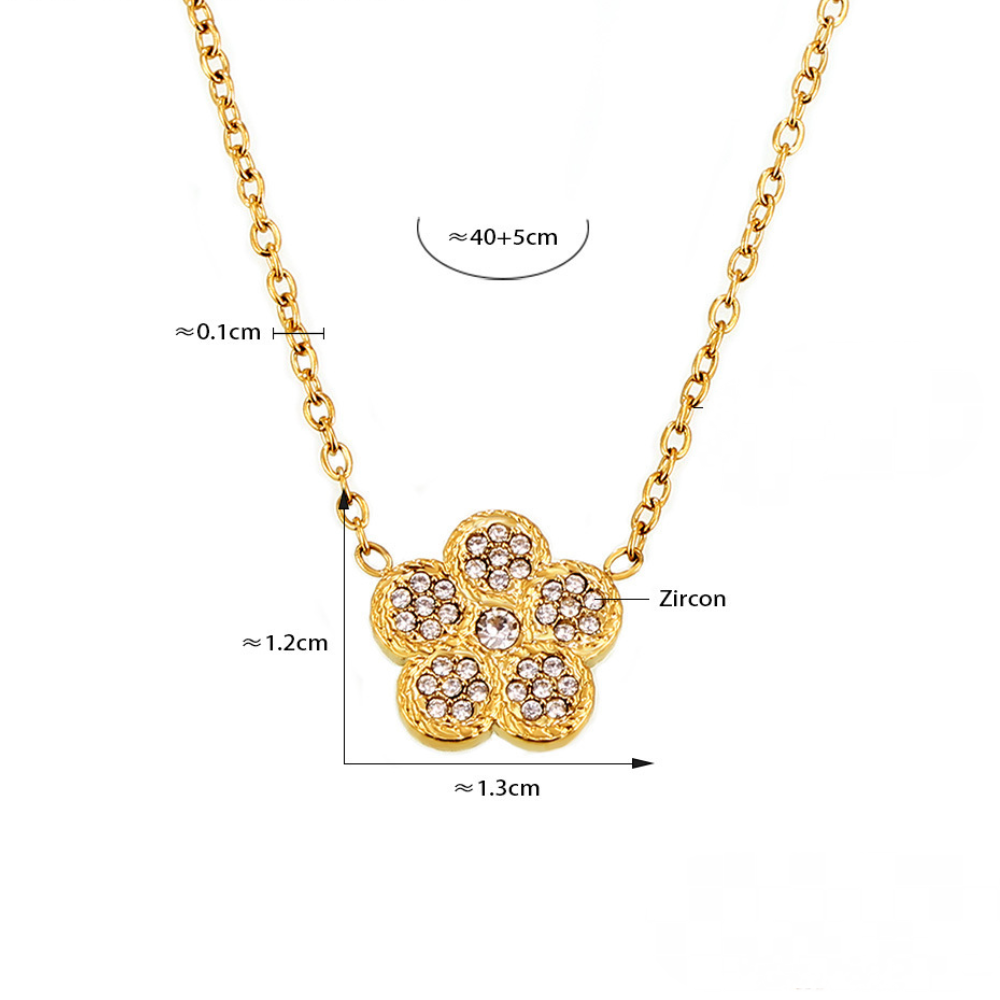 Five-leaf Flower Inlay Cubic Zirconia Bracelet Double Layer Necklace Jewelry Suit