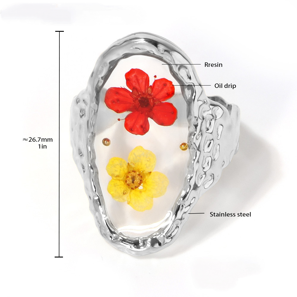 Stainless Steel Glazed Flower Pattern Cuff Ring