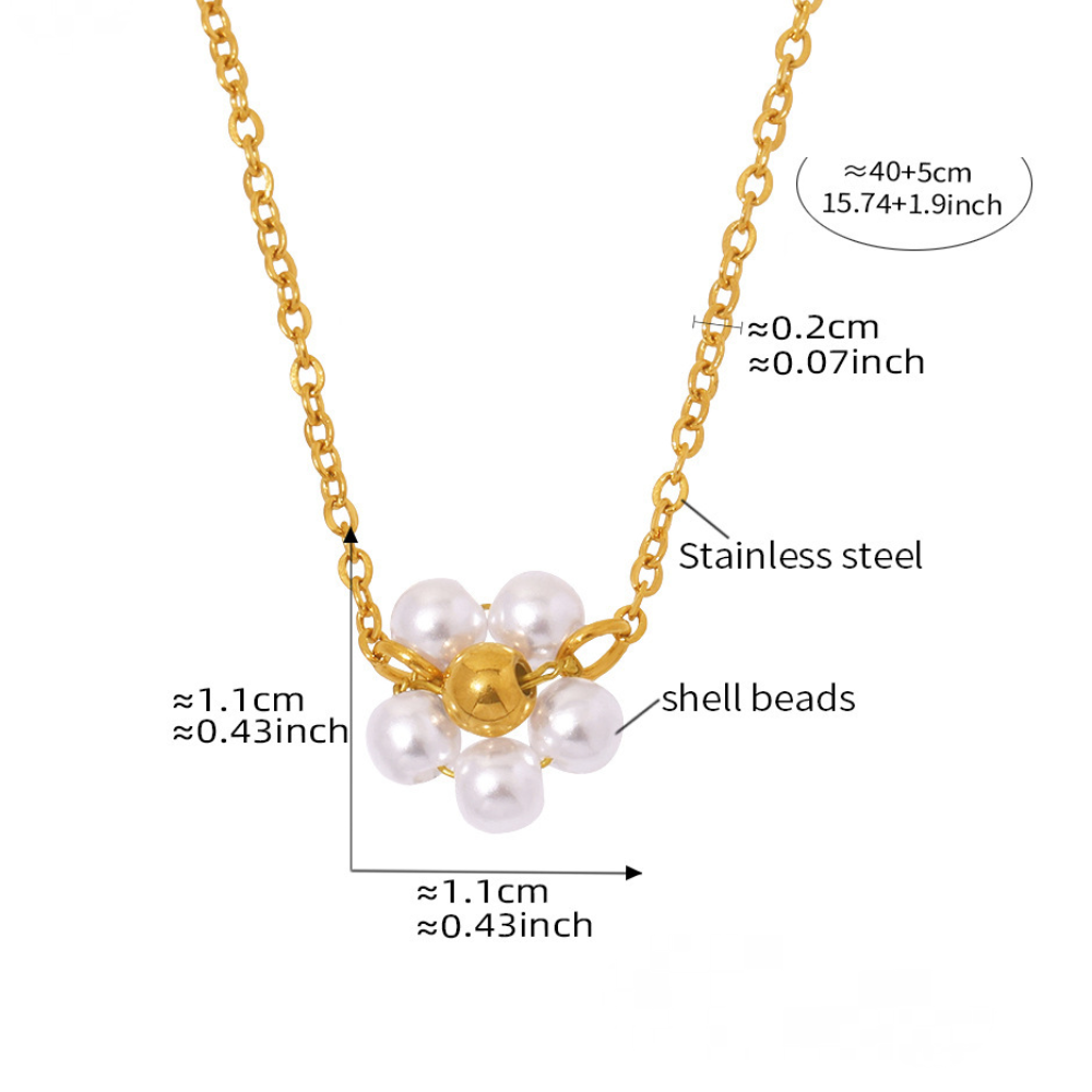 Stainless Steel Imitation Pearl Flower Hollow Circle Pendant Necklace