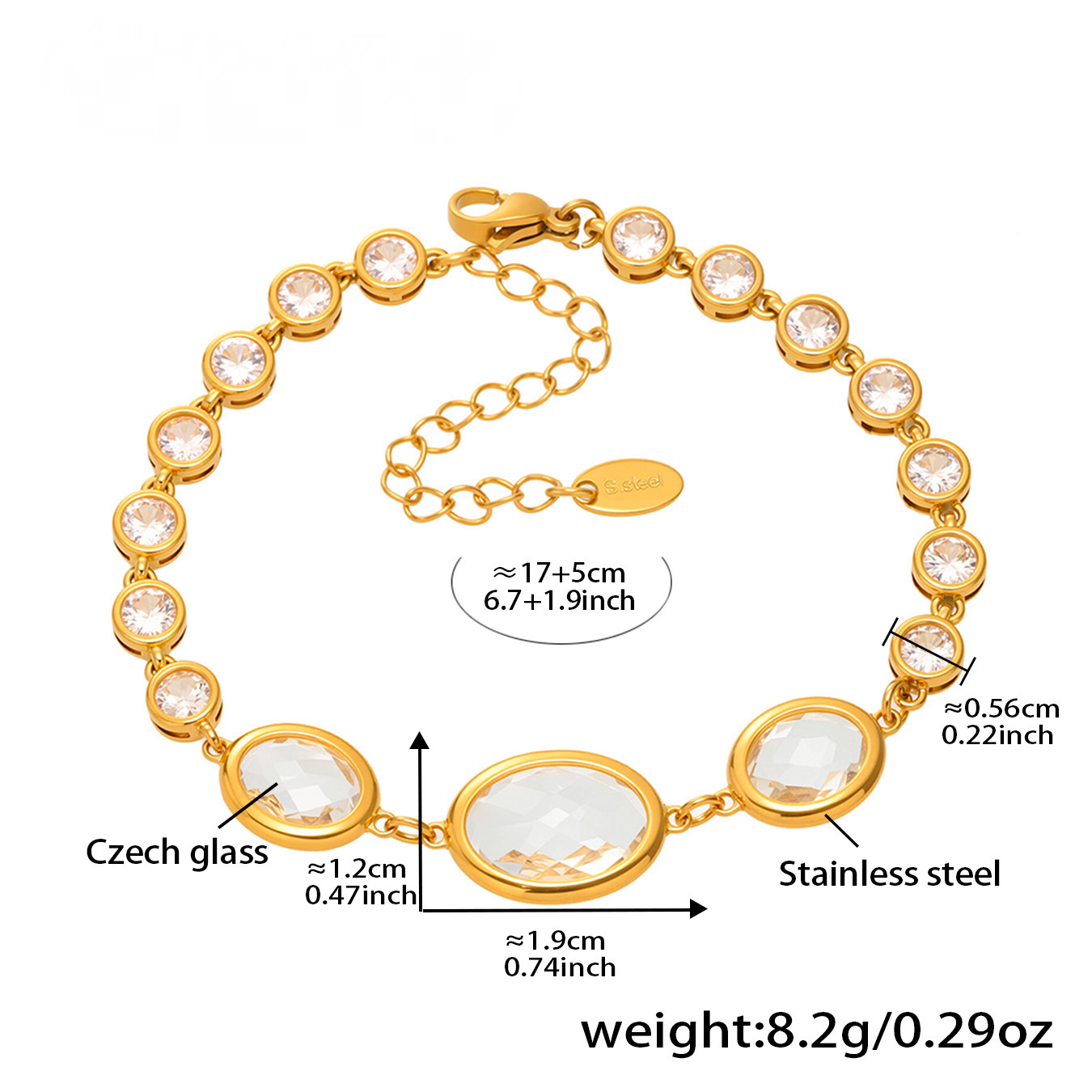 Stainless Steel 18K Gold PVD Oval Cut Crystal Glass Bracelet