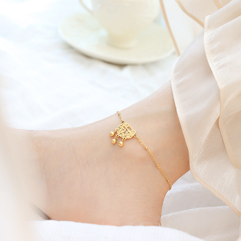 Chinese Bell & Ball Charm Stainless Steel Anklet