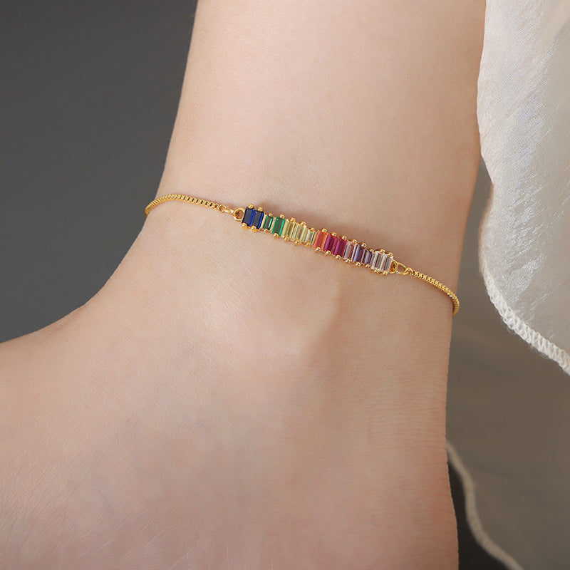 Rainbow Cubic Zirconia Stainless Steel Anklet