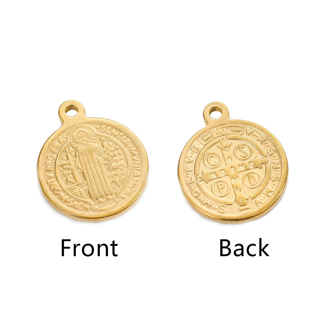 Pendentif croix en acier inoxydable avec pièce ronde
