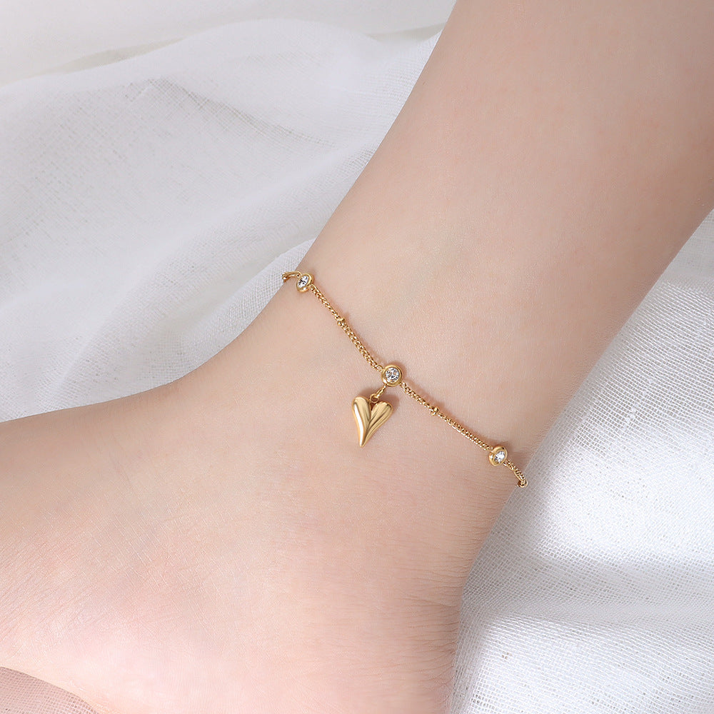 18K Gold PVD Heart Shape Chain CZ Stainless Steel Anklet