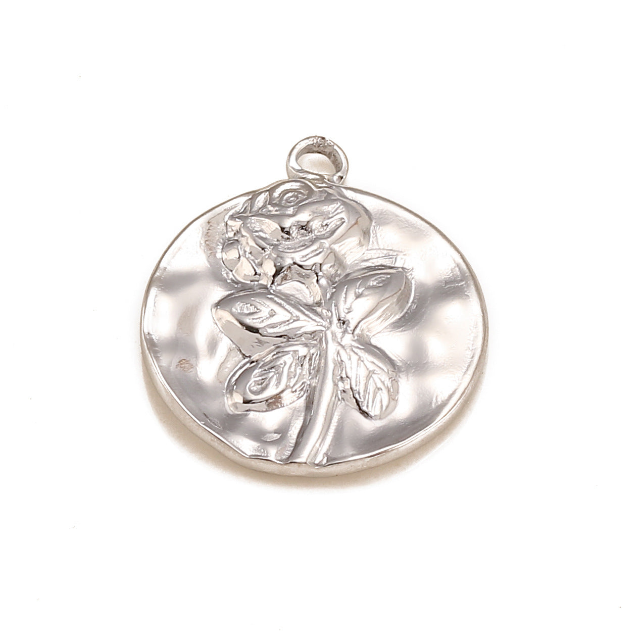 Pendentif rond en acier inoxydable avec rose
