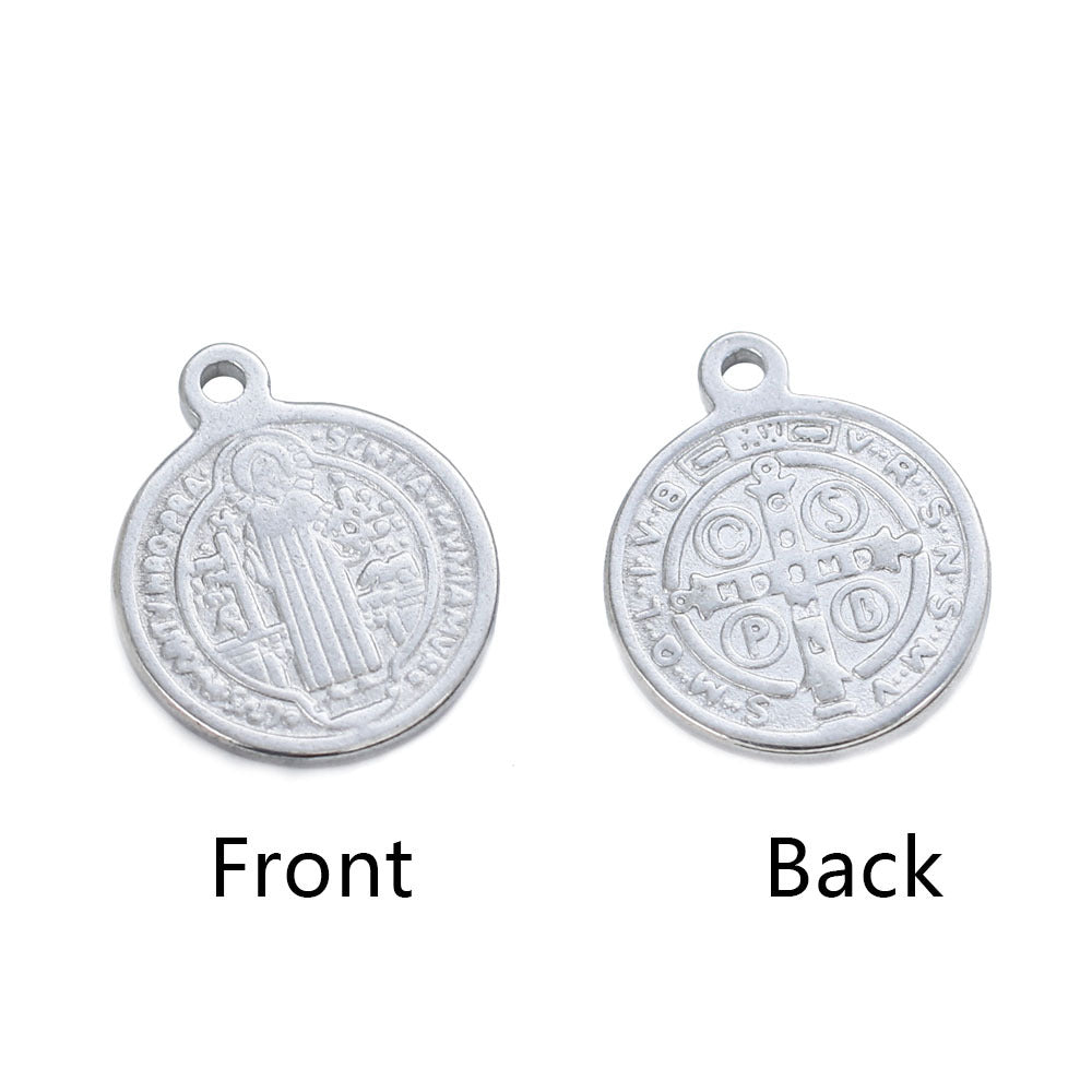Pendentif croix en acier inoxydable avec pièce ronde