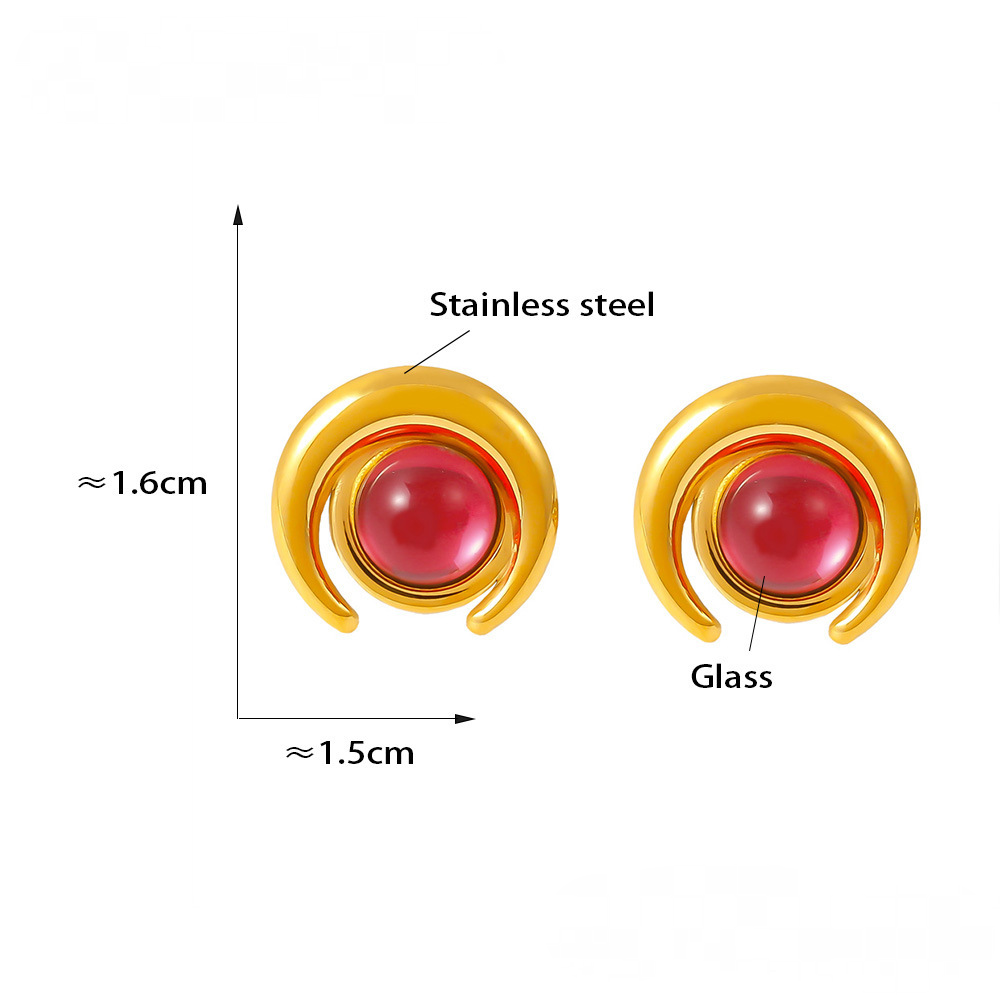 Stainless Steel Half Moon Glass Stone Stud Earrings