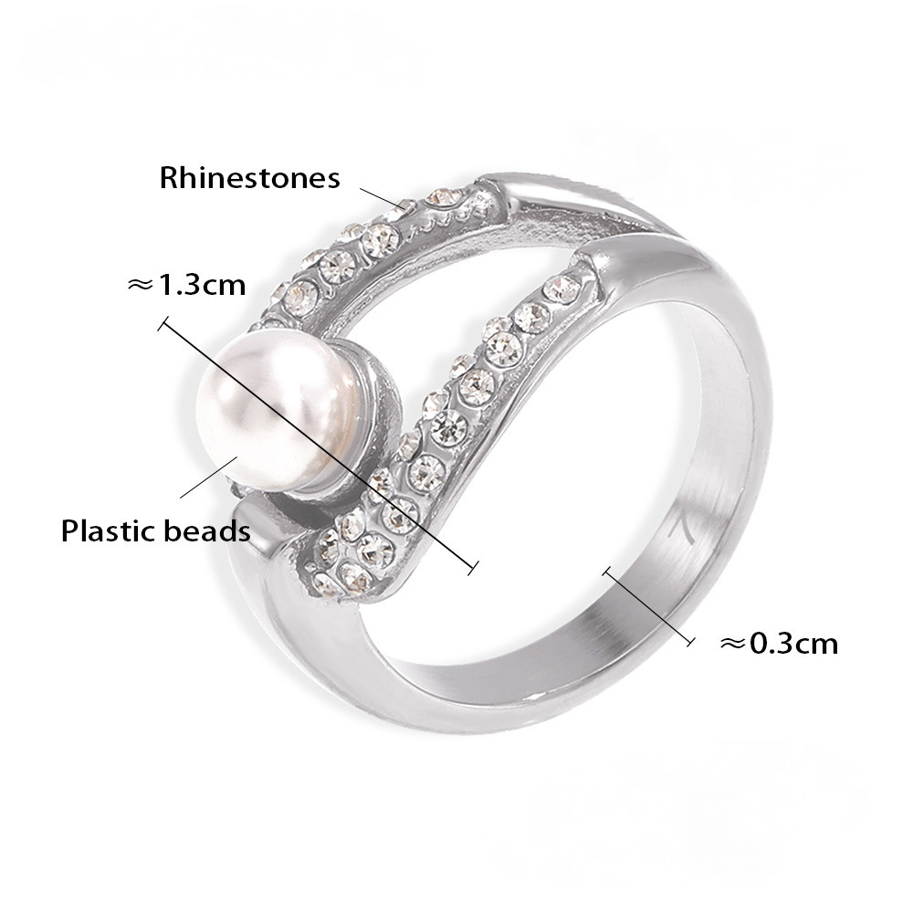 Stainless Steel Imitation Pearl Inlay Rhinestone Hollow Ring