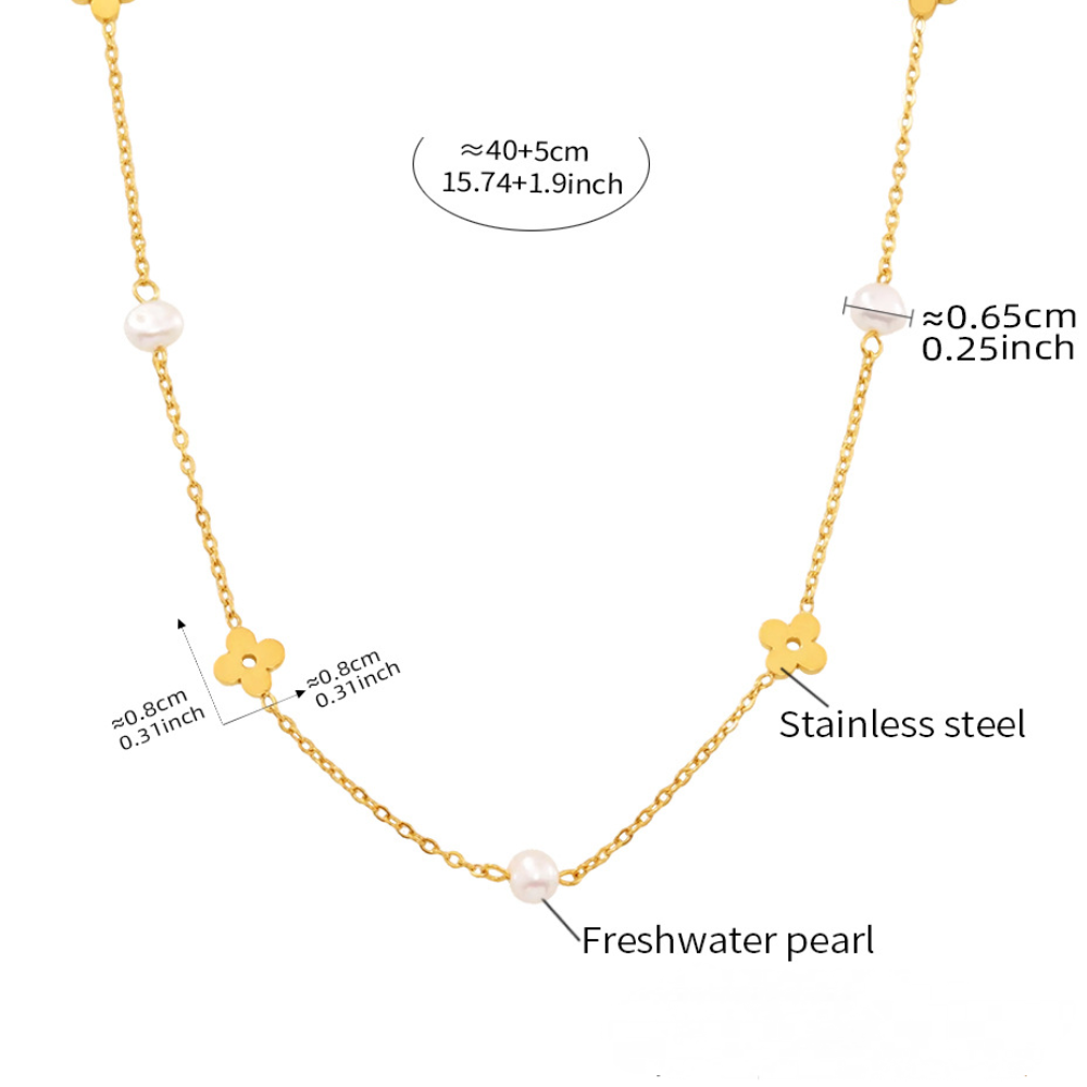 Freshwater Pearl Flower Stainless Steel Necklace Bracelet Jewelry Suit
