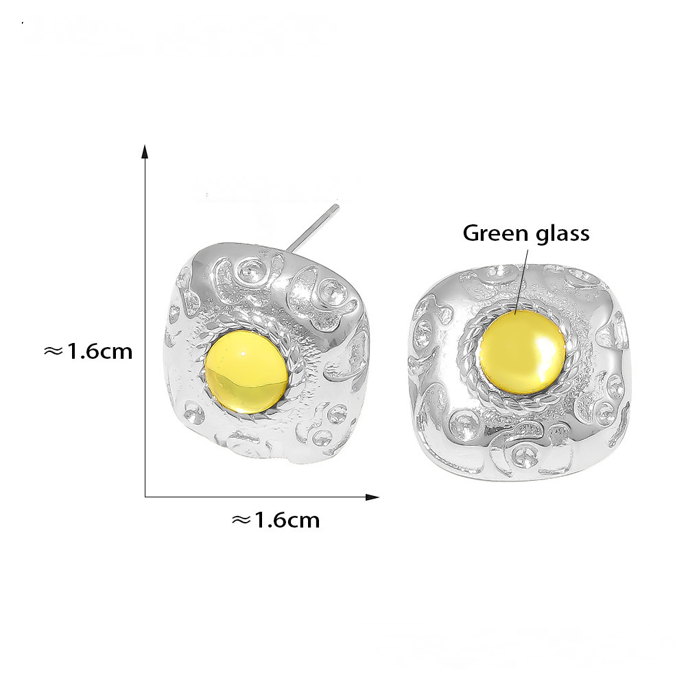 Threaded Green Glass Stainless Steel Earrings Ring Jewelry Suit