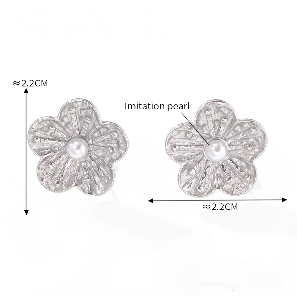 Stainless Steel Texture Flower Inlay Imitation Pearl Earrings