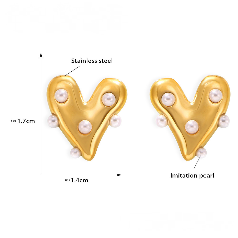 Heart Inlay Imitation Pearl Necklace Bracelet Earrings Ring Jewelry Suit