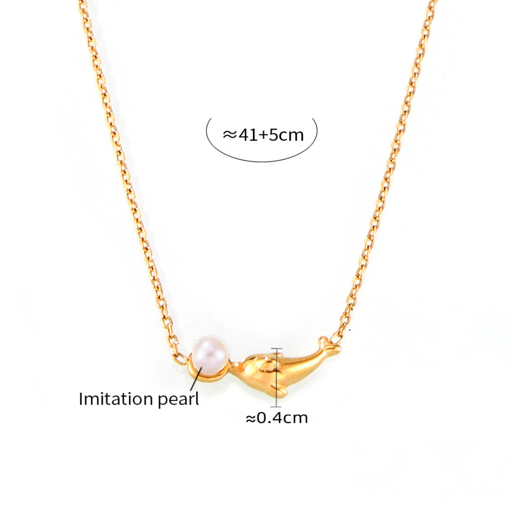 Stainless Steel Dolphin Stitching Imitation Pearl Pendant Necklace
