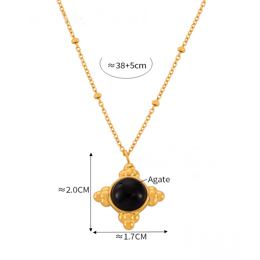 Bead Edge Round Pendant Inlaid with Agate Stone Necklace Earrings Jewelry Suit