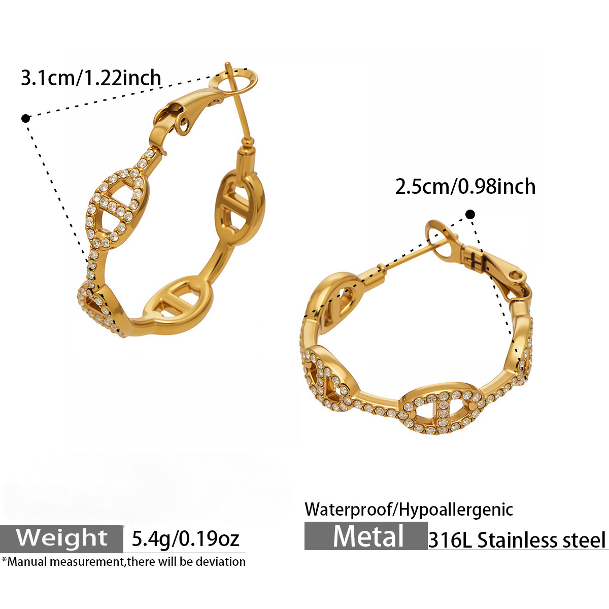 Stainless Steel CZ Pig Nose Buckle Necklace Bracelet Ring Earrings Jewelry Set