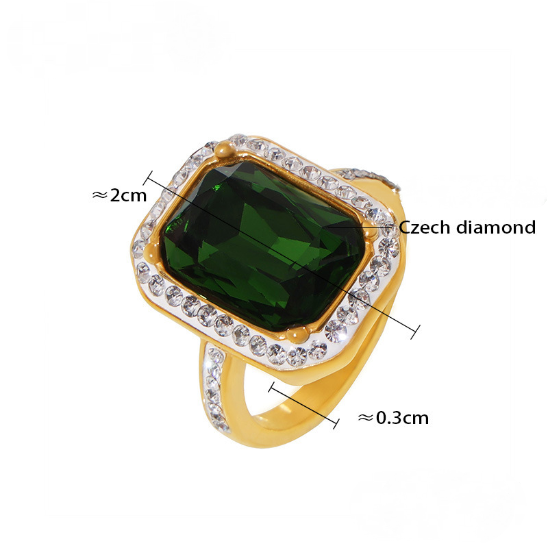Stainless Steel Rectangular Inlay Large Czech Diamond Ring