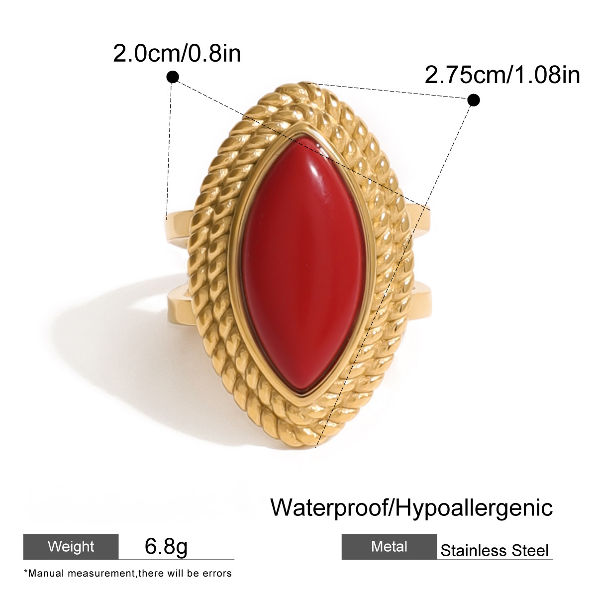Stainless Steel Red Agate Ring