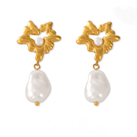 Stainless Steel Irregular Heart Inlay Imitation Pearl Drop Earrings