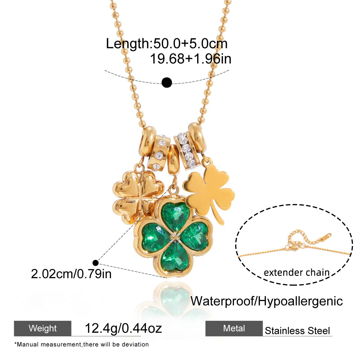 Stainless Steel Green Enamel CZ Four-leaf Clover Square Necklace