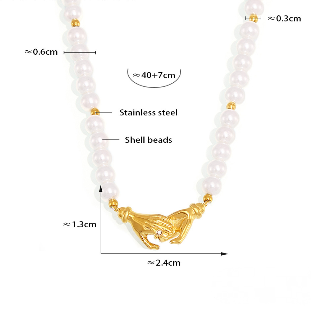 Stainless Steel Handshake Shape Pendant Imitation Pearl Beaded Necklace