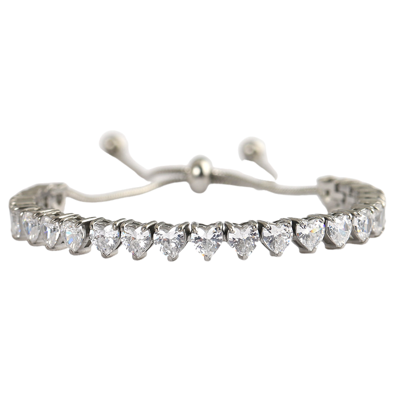 Stainless Steel Inlaid Heart CZ Adjustable Tennis Bracelet