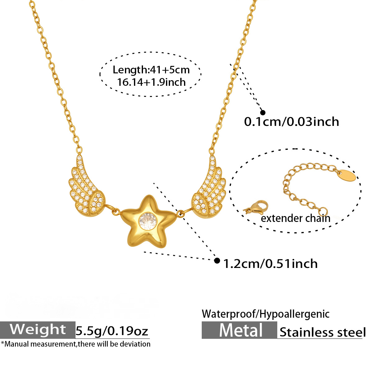Stainless Steel CZ Star-shaped Wings Pendant Necklace