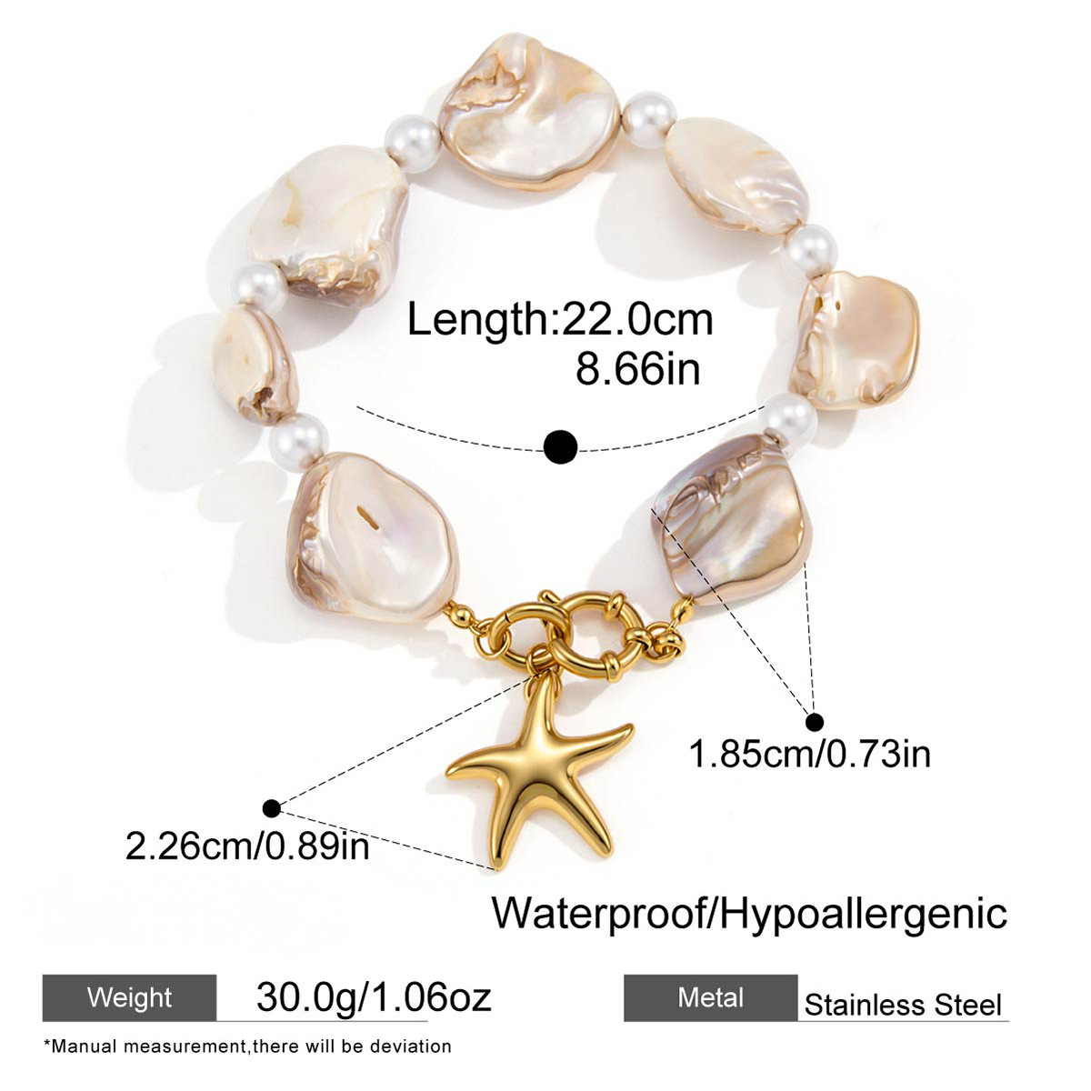 Stainless Steel White Shell Starfish Pendant Necklace Bracelet Jewelry Set