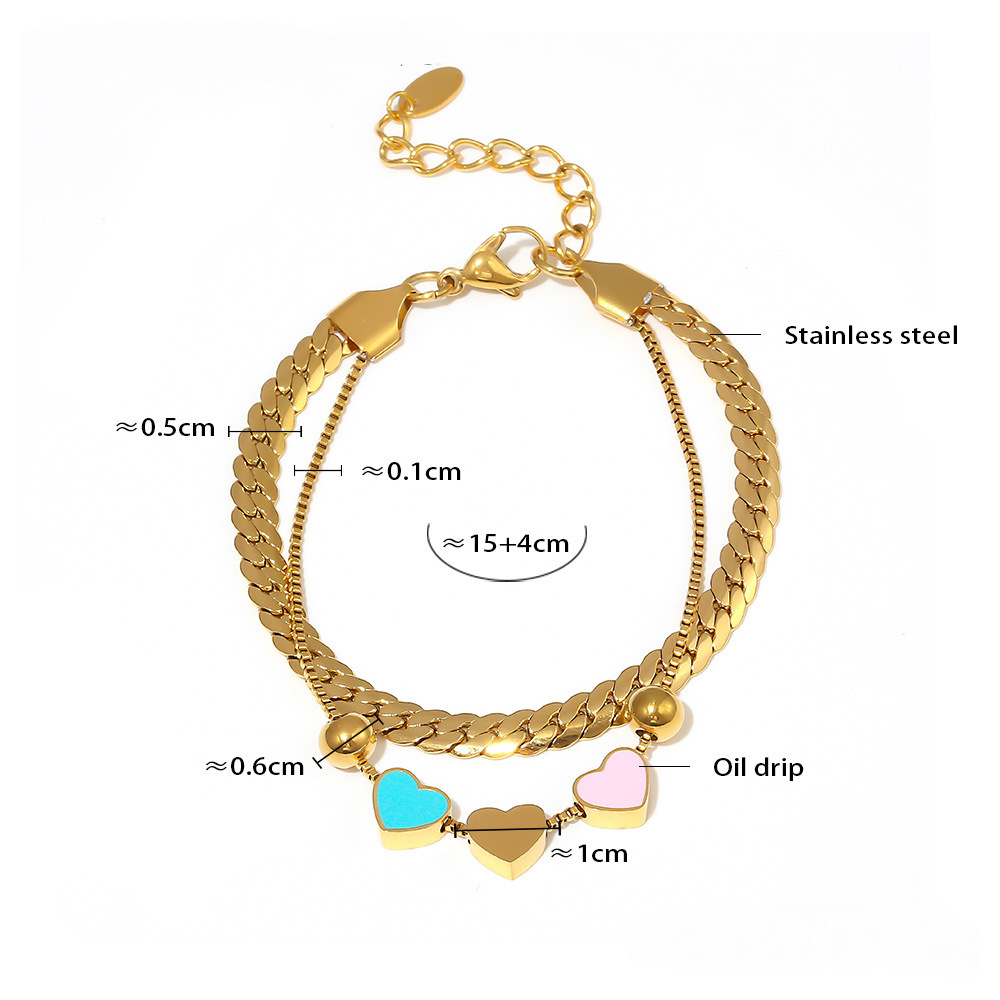 Stainless Steel Oil Drop Heart Double Layer Necklace Bracelet Jewelry Suit