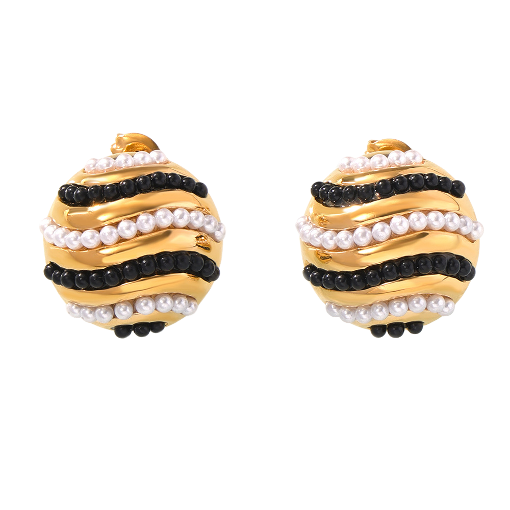Stainless Steel Round Inlay Black White Beads Stud Earrings