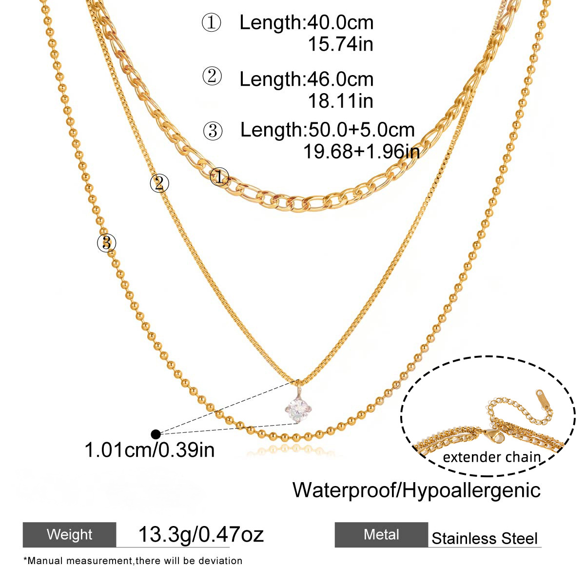 Stainless Steel Three-layer CZ Pendant Necklace