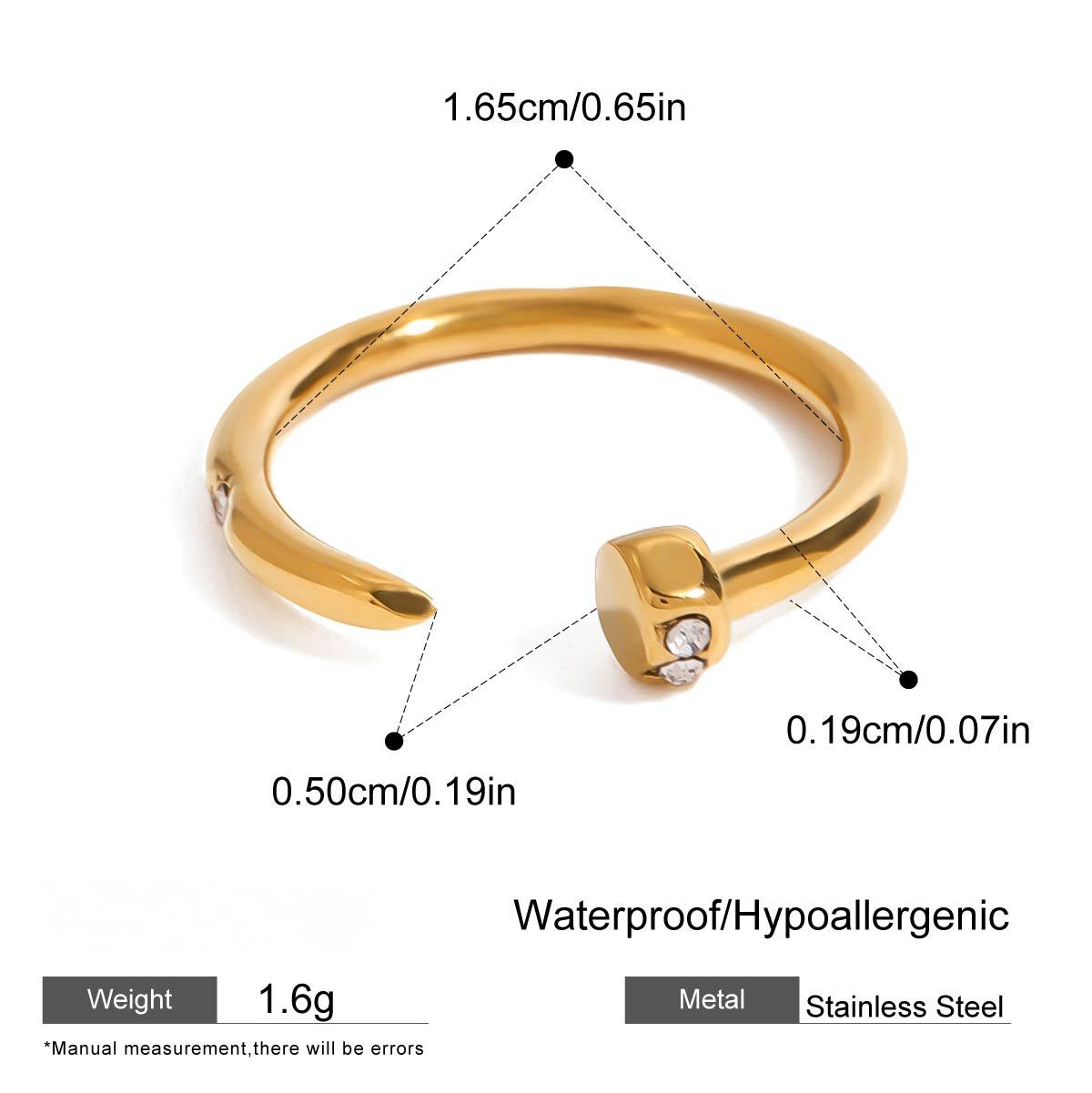 Stainless Steel Nail Cubic Zirconia Open Ring