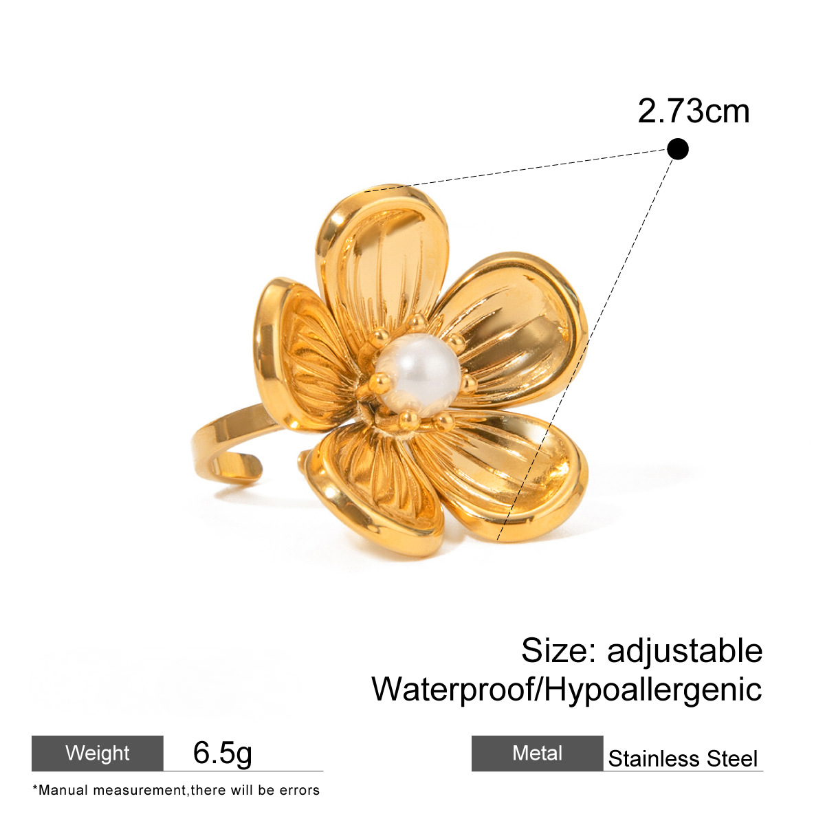 Stainless Steel Exaggerated Flower Pearl Ring